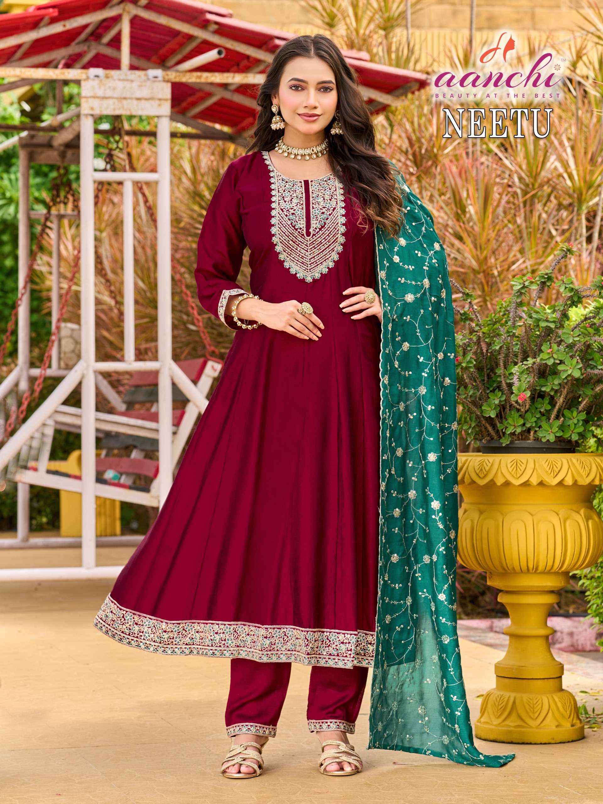 AANCHI NEETU BRANDED VICHITRA SHIMMER ANARKALI TYPE READYMADE SUIT SUPPLIER
